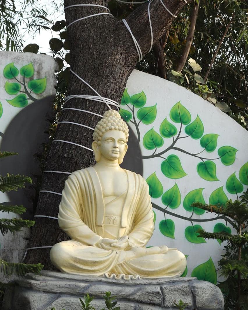 Seated Buddha statue under a tree on the grounds at Mytri Farmhouse near Kondapochamma Sagar, Siddipet